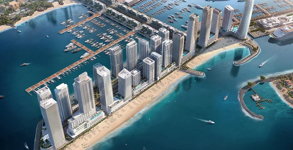 Emaar Beachfront towers and private beach in Dubai Harbour, Dubai