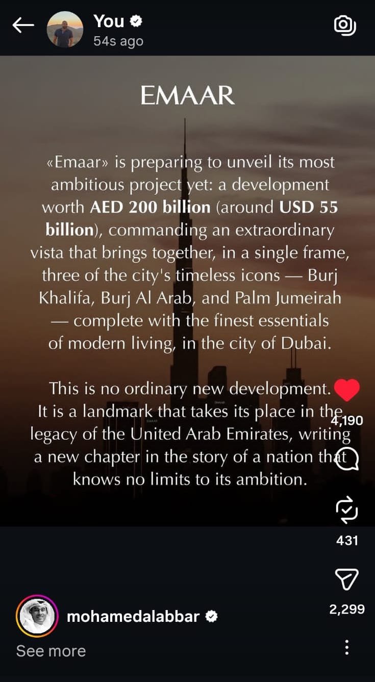 Emaar AED 200 billion project Dubai masterplan with views of Burj Khalifa, Burj Al Arab and Palm Jumeirah