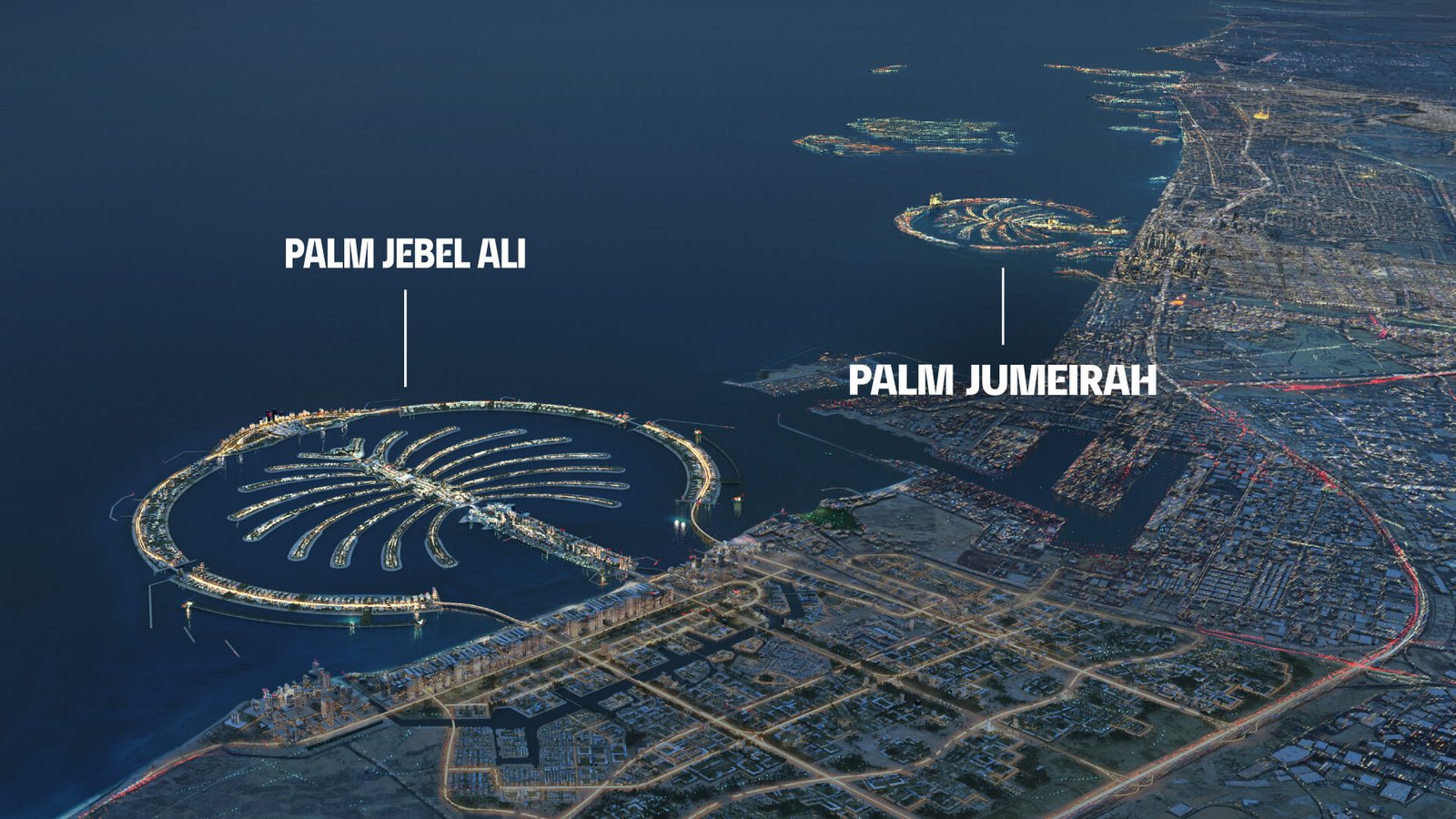 Aerial view of Palm Jebel Ali island showing 16 fronds, crescents, trunk and spine districts