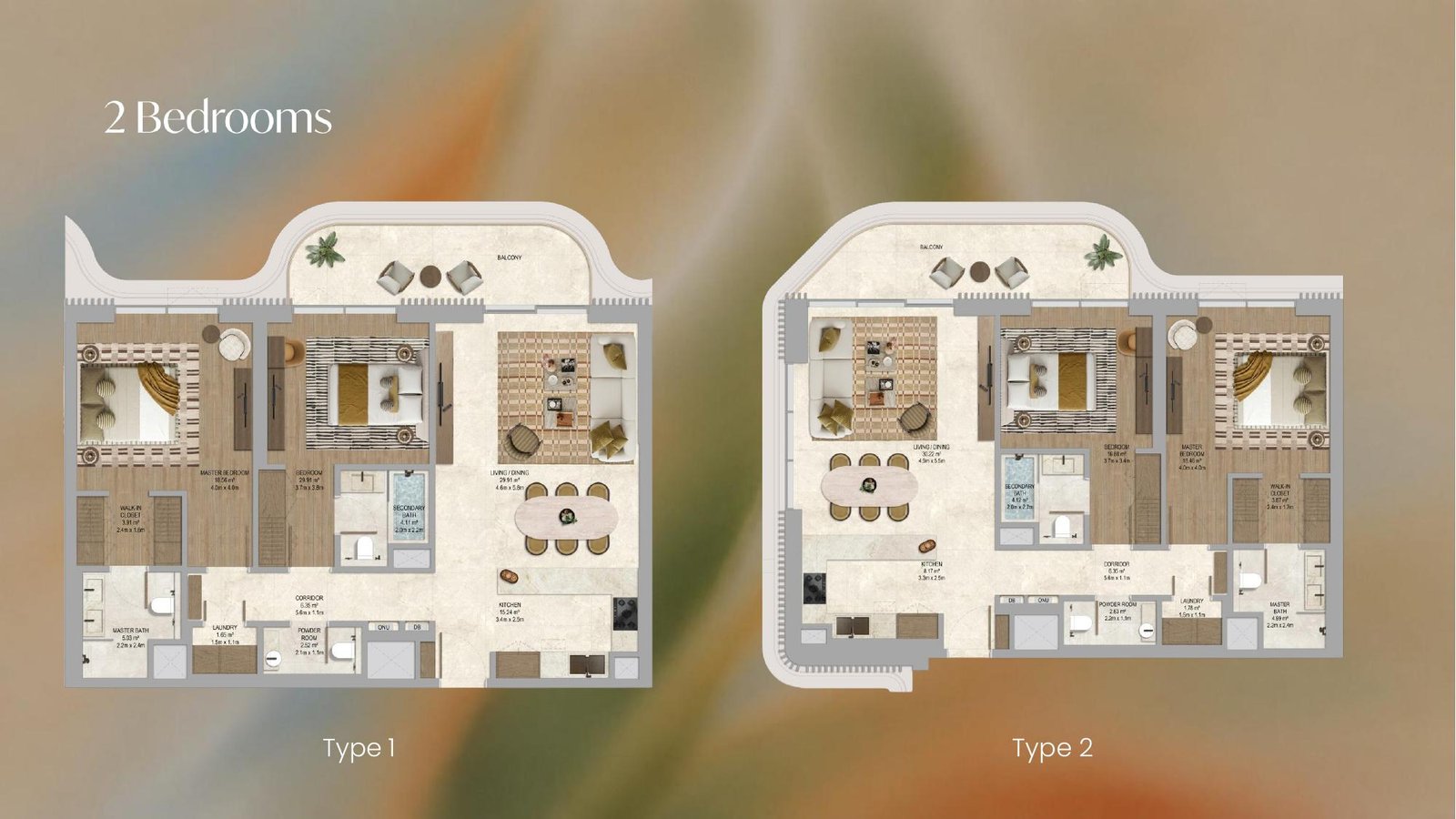 The Canopies at Yas Point 2 bedroom floor plans Type 1 and Type 2