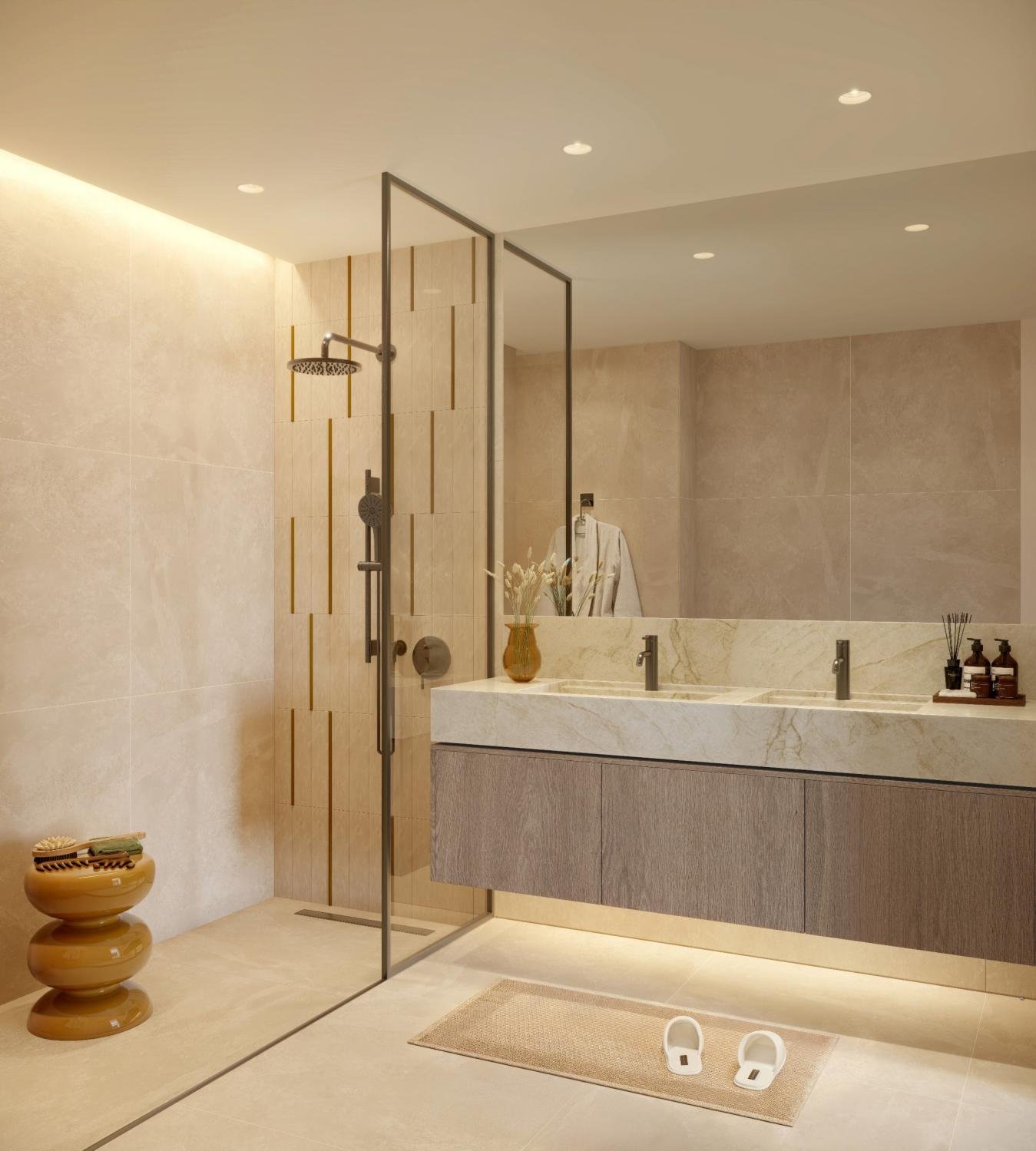 The Canopies at Yas Point bathroom render, double vanity, walk-in shower, marble finishes