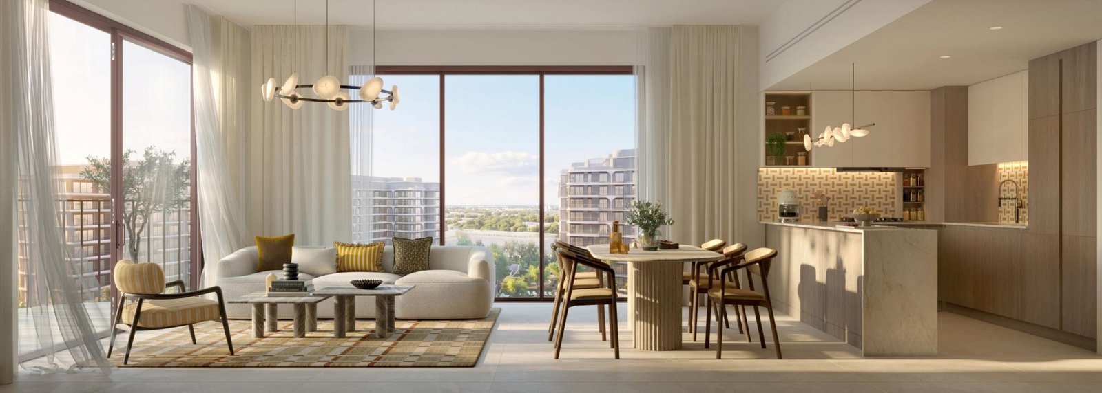 The Canopies at Yas Point living dining kitchen interior render with floor to ceiling glass
