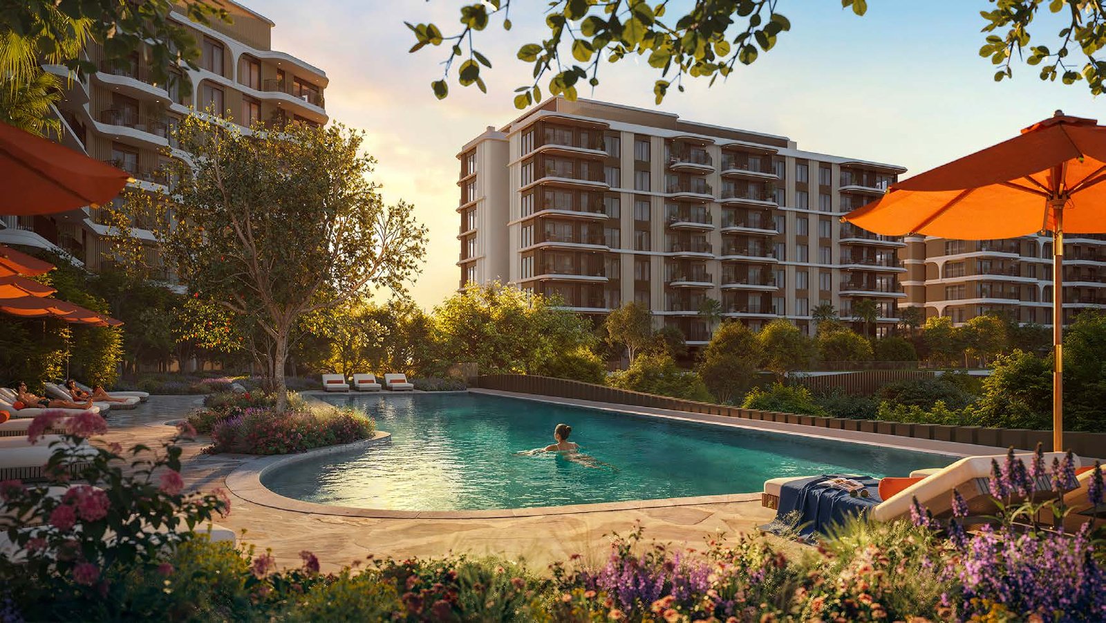 The Canopies at Yas Point pool and garden exterior render, mid-rise buildings around landscaped gardens