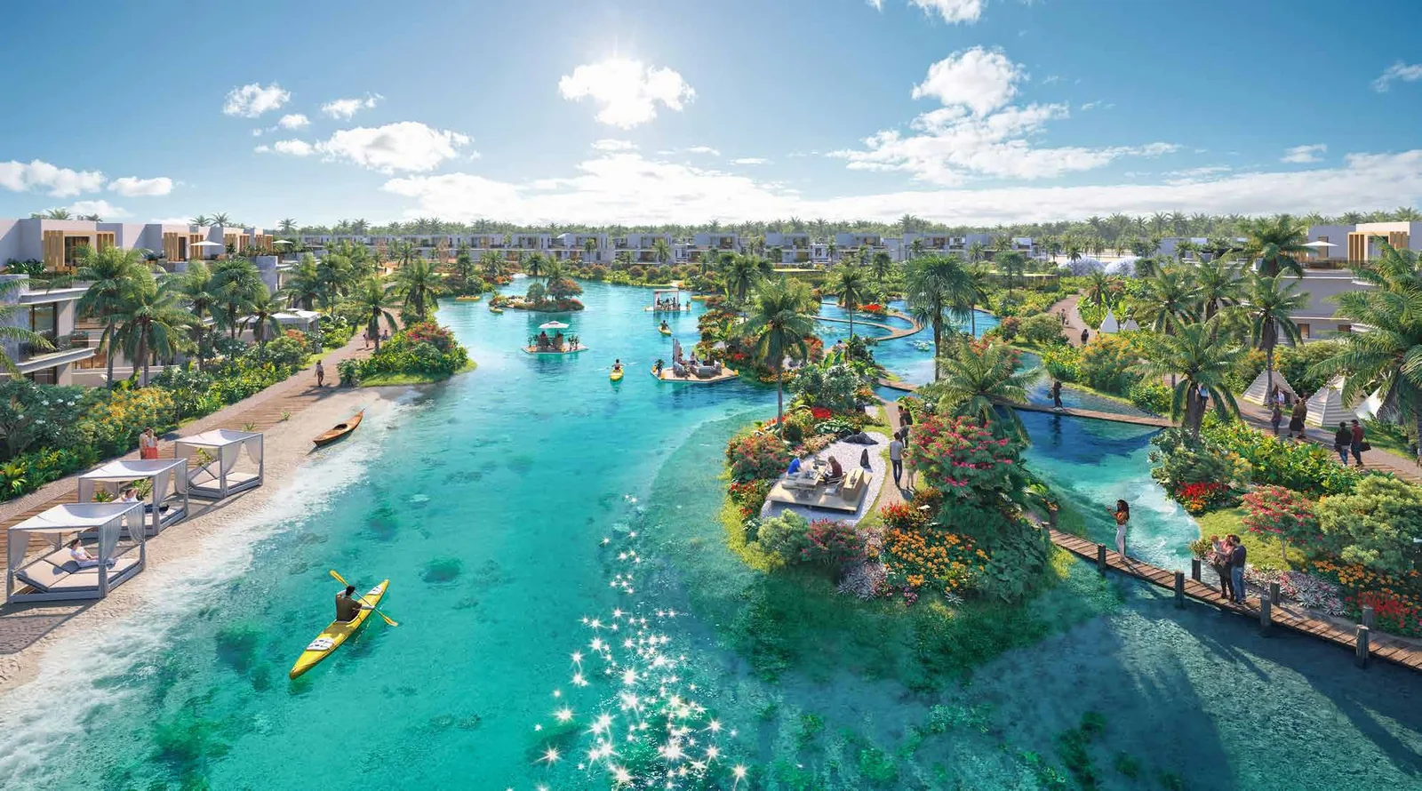 Damac Islands 2 review: worth the money in 2026? Tranquil Lake and Eco Park with kayaks at Damac Islands 2