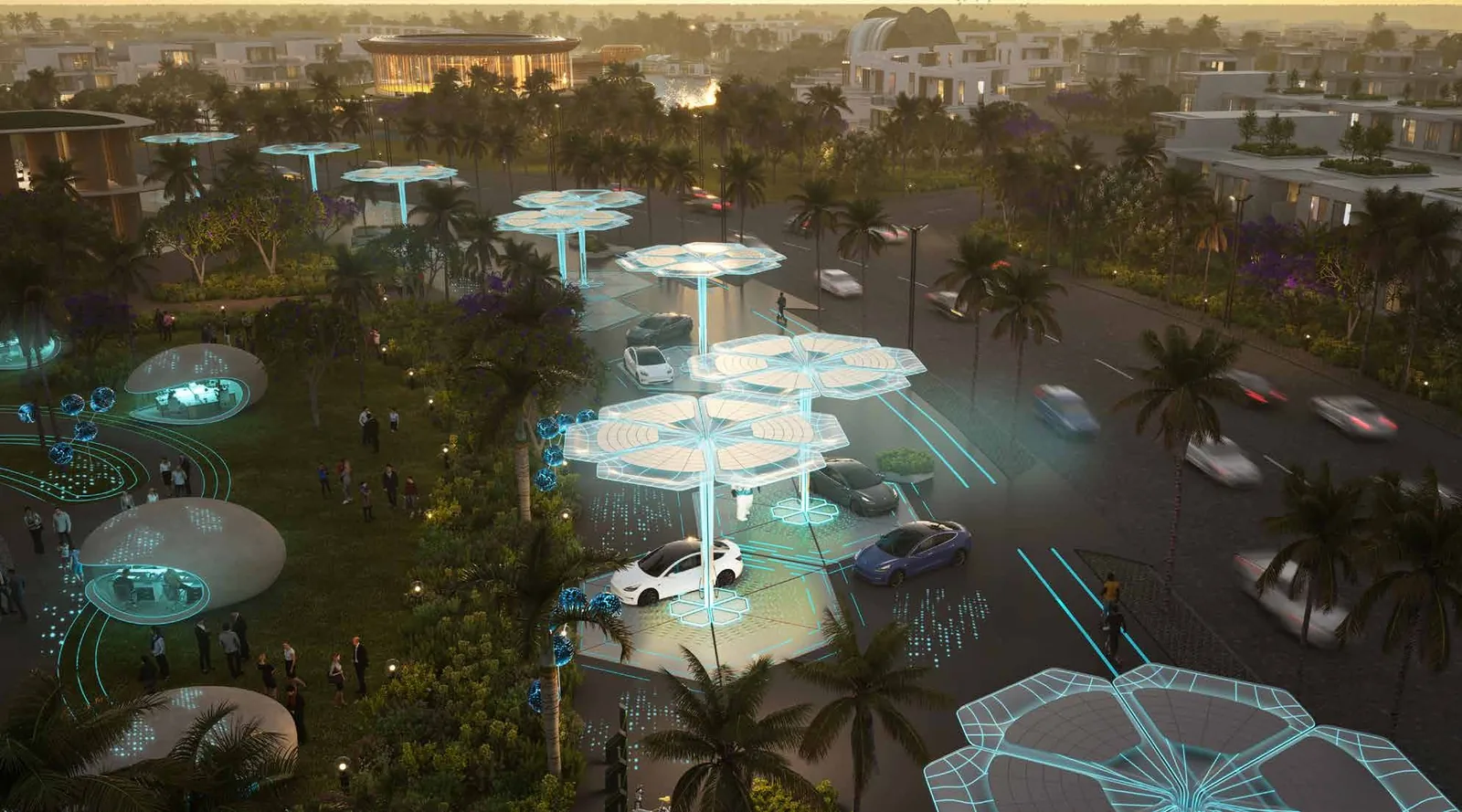 Damac Islands 2 review: worth the money in 2026? Solar Link Park at dusk with solar canopies at Damac Islands 2