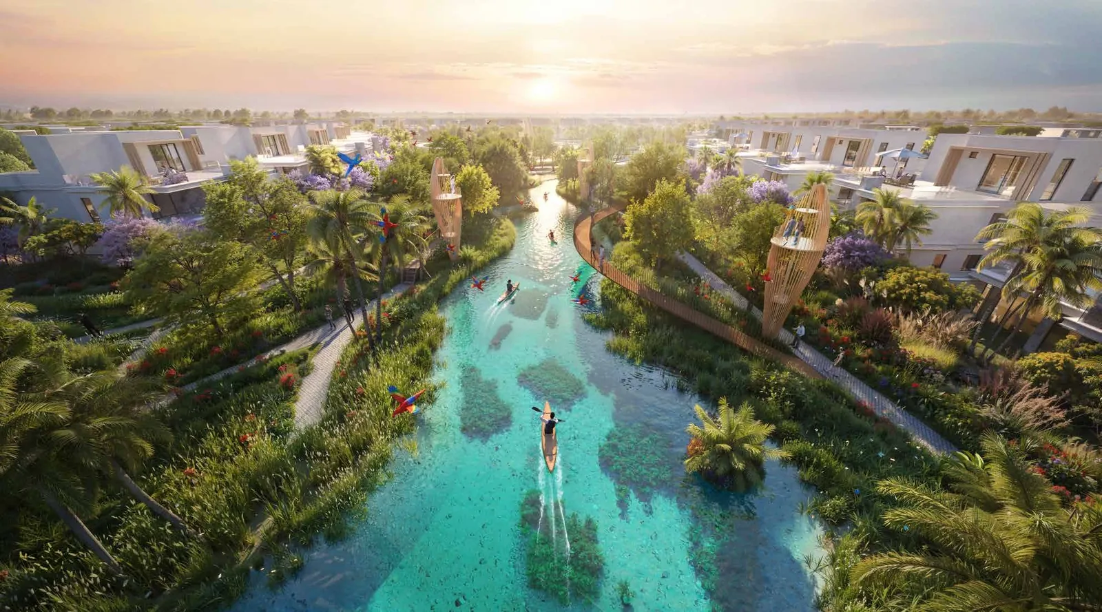 Damac Islands 2 review: worth the money in 2026? Nature's Journey water trail at sunset at Damac Islands 2