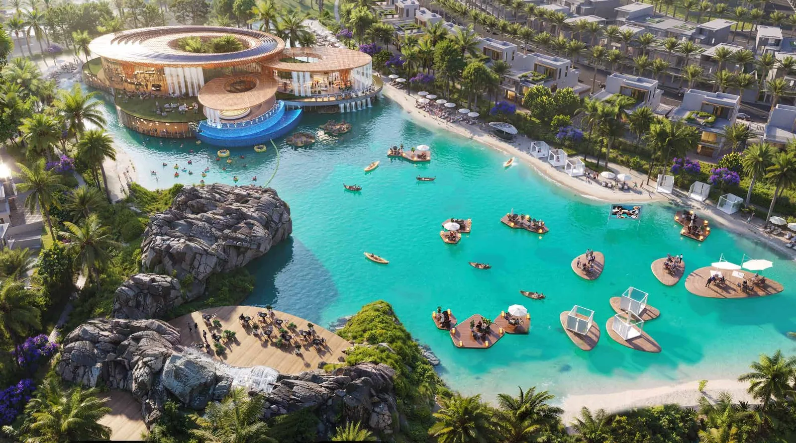 Damac Islands 2 review: worth the money in 2026? Eco Hub outdoor clubhouse and natural swimming lagoon at Damac Islands 2