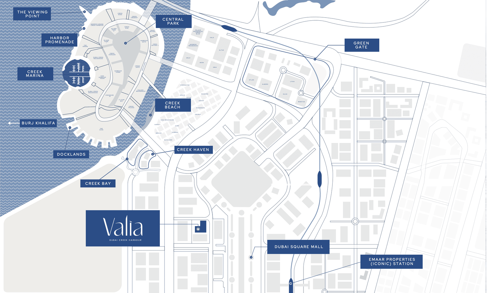 Dubai Creek Harbour Masterplan Dubai Creek Harbour masterplan map with Retail District and Dubai Square Mall