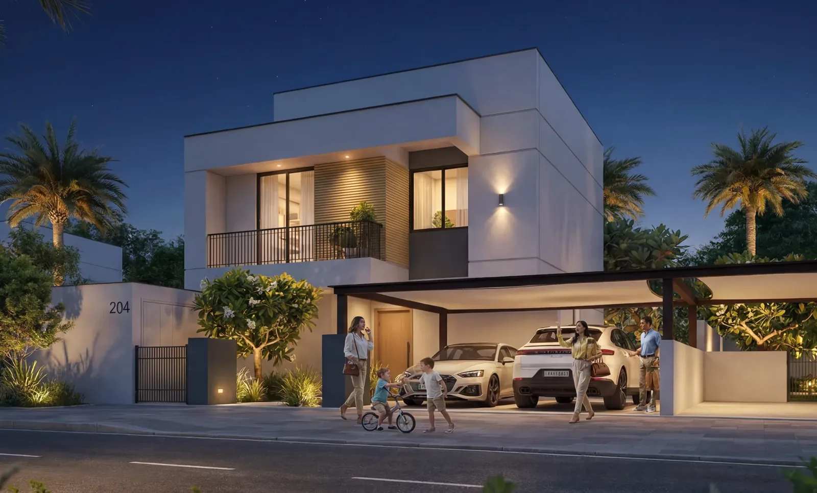Al Ghadeer Gardens Review: Worth Buying in 2026? Four bedroom standalone villa at Al Ghadeer Gardens at dusk