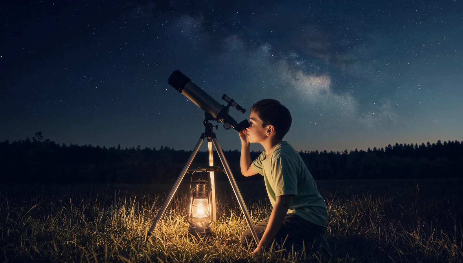 Al Ghadeer Gardens Review: Worth Buying in 2026? Child with a telescope on the desert stargazing lawn at Al Ghadeer Gardens