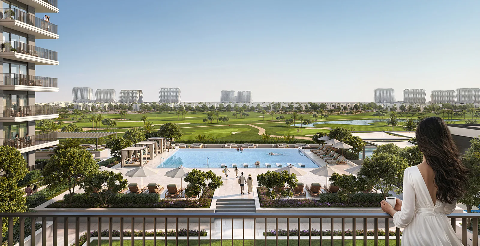 Emaar South Prices 2026: Villas, Apartments & Plans Balcony overlooking the pool deck and golf course at Emaar South