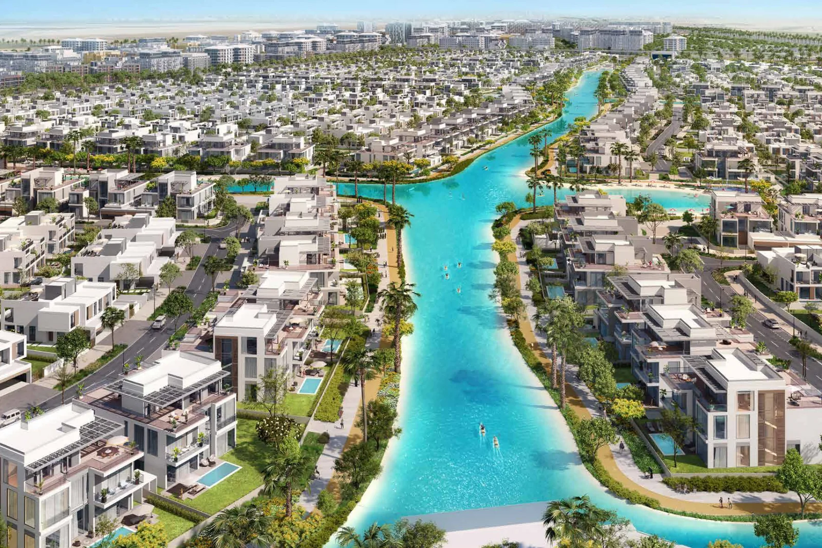 South Bay Dubai South Review: Worth the Price in 2026? Homes lining both sides of the South Bay lagoon, artist's impression